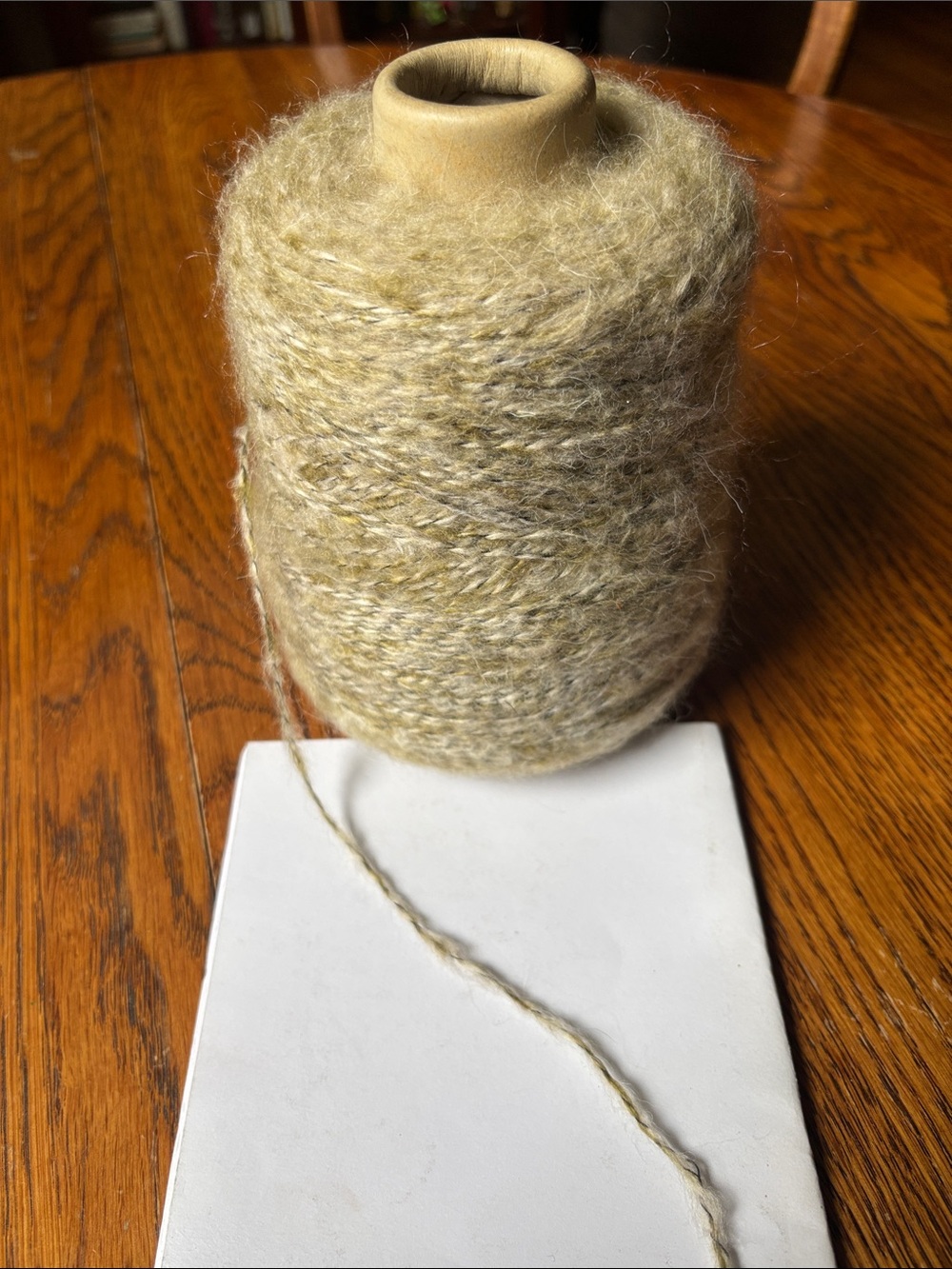 Acrylic/Poly Blend Olive Cream Spun Yarn Cone